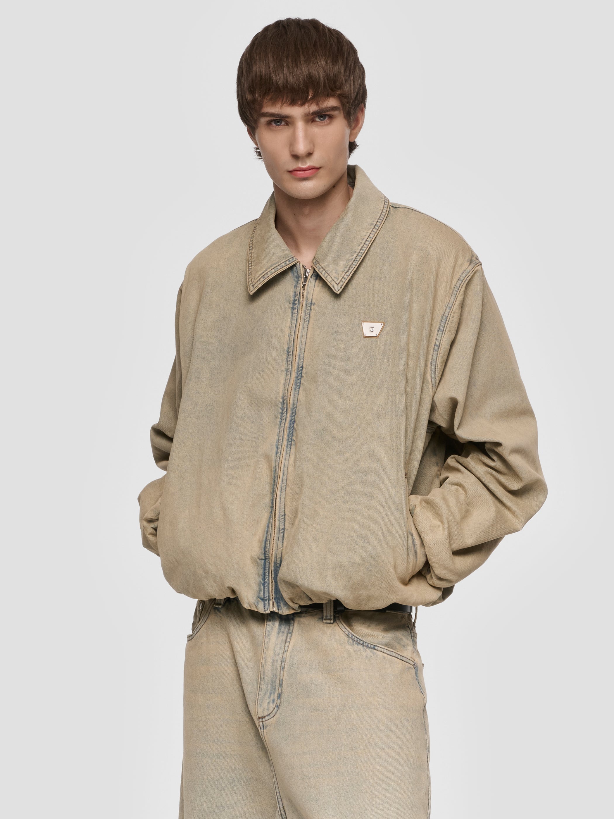 Sand Washed Bomber Denim Jacket Unisex