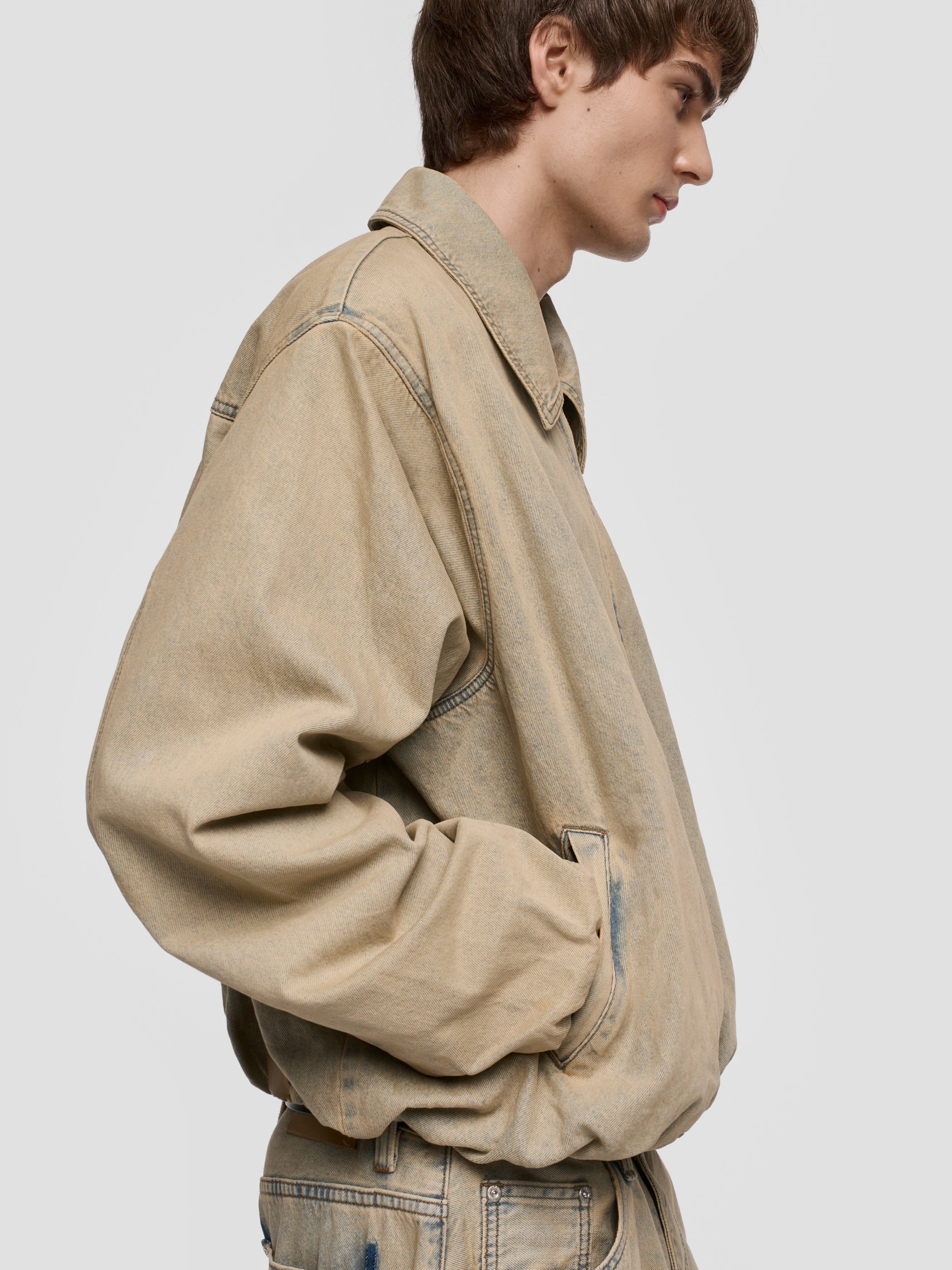 Sand Washed Bomber Denim Jacket Unisex