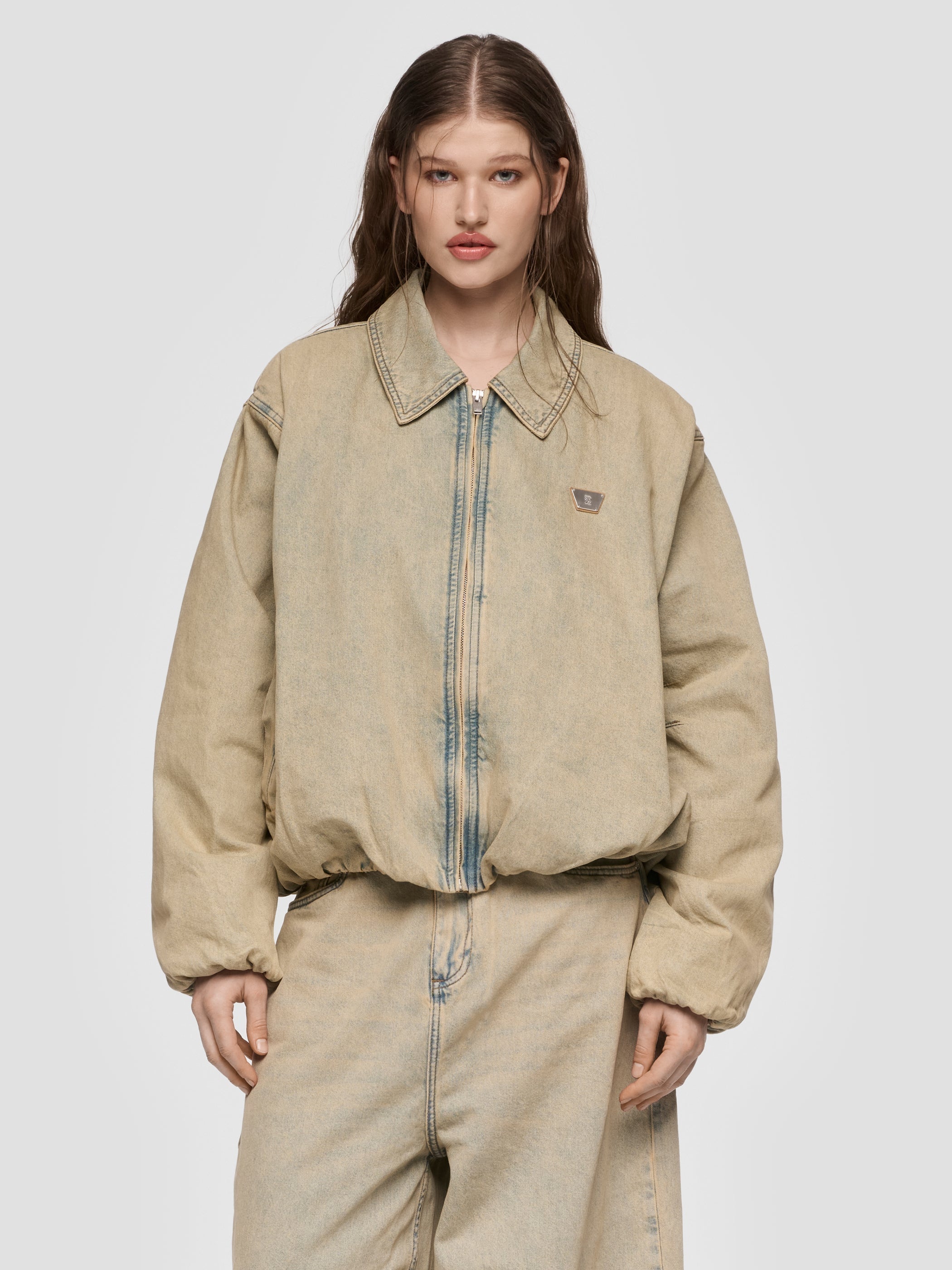 Sand Washed Bomber Denim Jacket