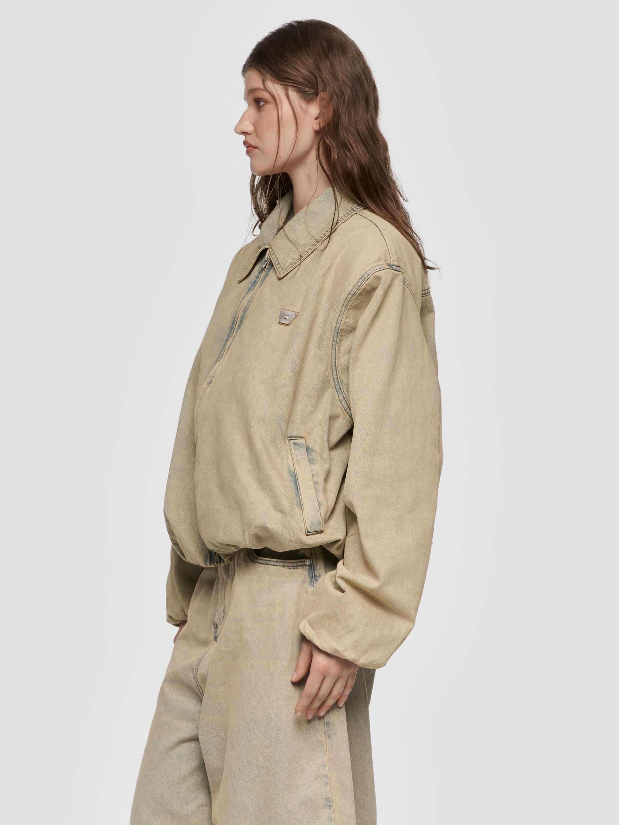 Sand Washed Bomber Denim Jacket